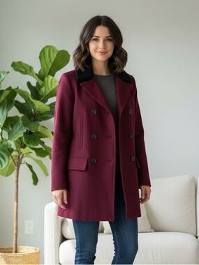 G by GUESS Burgundy Red Pea coat with removable black collar AI model